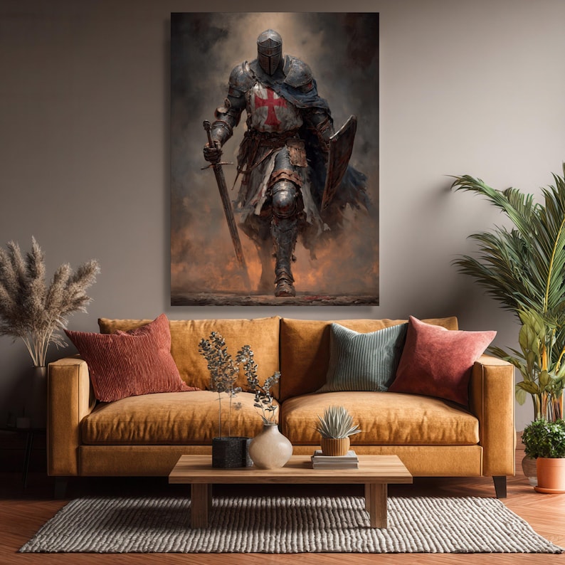 Medieval Knight Templar Canvas, Crusader Armor Wall Art, Historical Warrior Decoration, Medieval Battle Scene Canvas, Ready to Hang Wall Art image 6