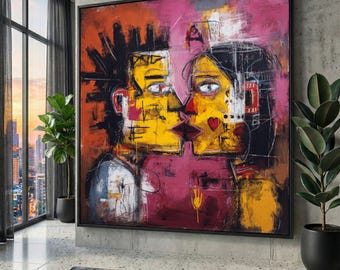 Abstract Lovers Kiss Canvas, Modern Expressionist Couple Painting