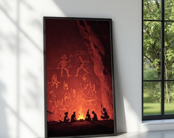 May include: Framed art print depicting cave paintings and a campfire scene. The artwork features silhouetted figures around a fire, with ancient drawings of hunters and animals on a red background. The print is in a black frame.