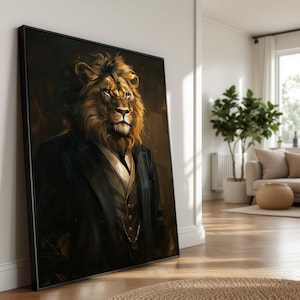 Retrato de león majestuoso en lienzo, arte mural de animales de gran realeza, elegante decoración de vida silvestre, lienzo de animales moderno, arte decorativo sofisticado para el hogar.