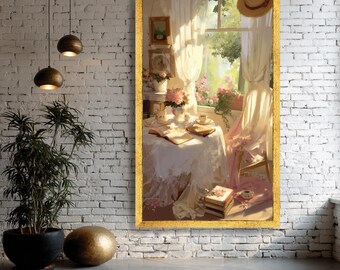 May include: A framed painting depicts a sunlit interior scene. A table is set with a lace tablecloth, books, and a teacup. Pink flowers and a straw hat add to the room's charm. The painting is in a gold frame.