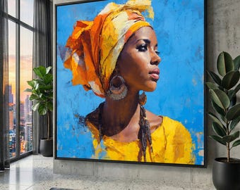 African Woman Portrait Canvas, Colorful Headwrap Wall Art