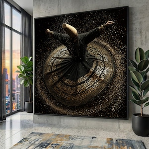 May include: A framed artwork shows a whirling dervish in a black robe and a beige hat. The dervish is surrounded by a golden, swirling pattern with Arabic script. The background is black, with golden specks, creating a sense of movement and spirituality.