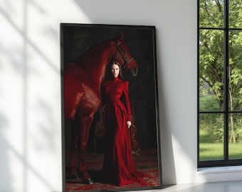 Mujer con vestido rojo y caballo, lienzo, impresión fotográfica de moda dramática