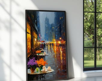 Rainy City Street Canvas, Urban Nightscape Painting, Outdoor Cafe Wall Art