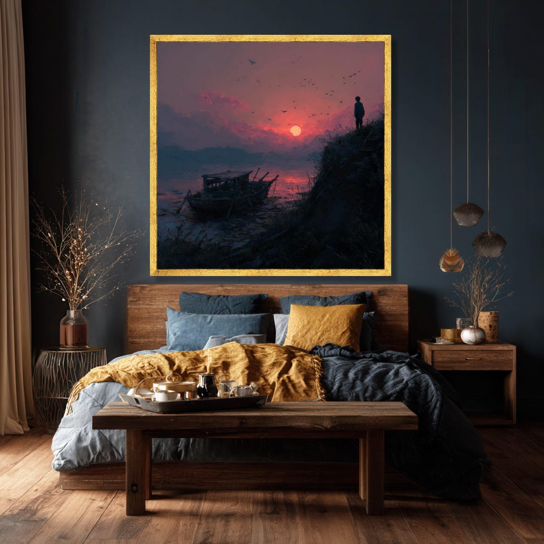 Tranquil Sunset Canvas Print, Lakeside Landscape, Birds in Flight