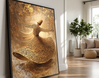 Whirling Dervish Canvas Art, Gold Sufi Calligraphy, Mystical Home Decor