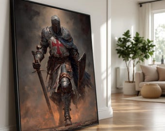 Medieval Knight Templar Canvas, Crusader Armor Wall Art, Historical Warrior Decoration, Medieval Battle Scene Canvas, Ready to Hang Wall Art