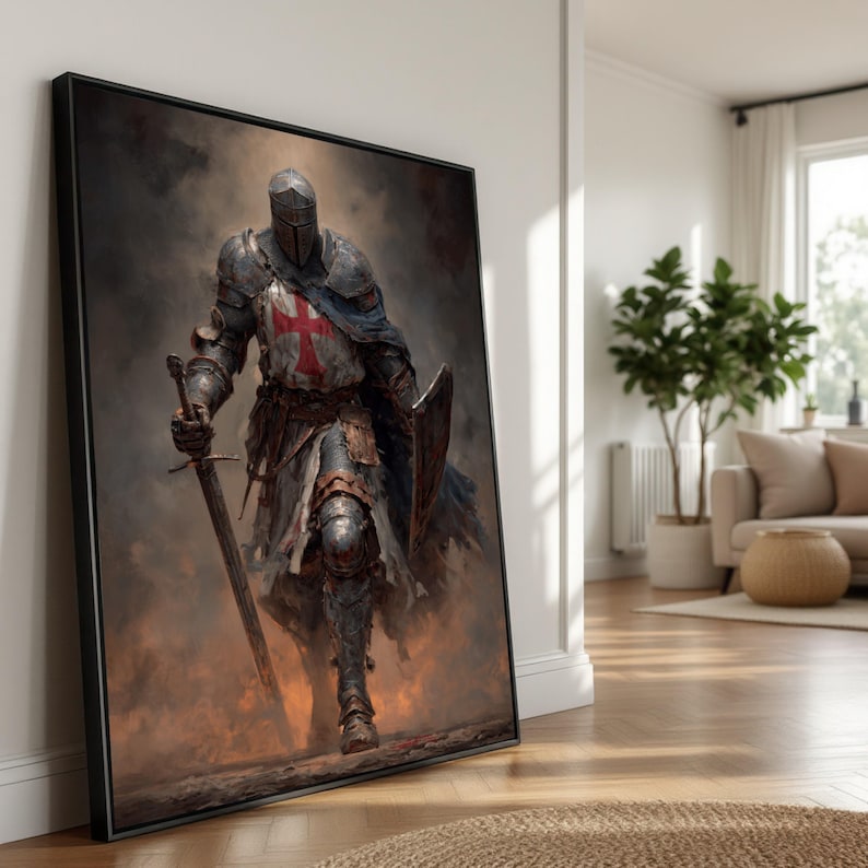 Medieval Knight Templar Canvas, Crusader Armor Wall Art, Historical Warrior Decoration, Medieval Battle Scene Canvas, Ready to Hang Wall Art image 1