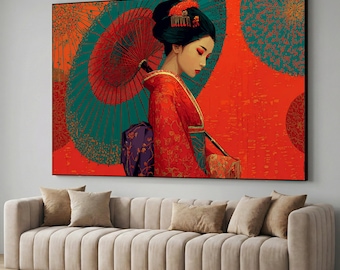 Geisha with Umbrella Canvas Wall Art, Japanese Decor