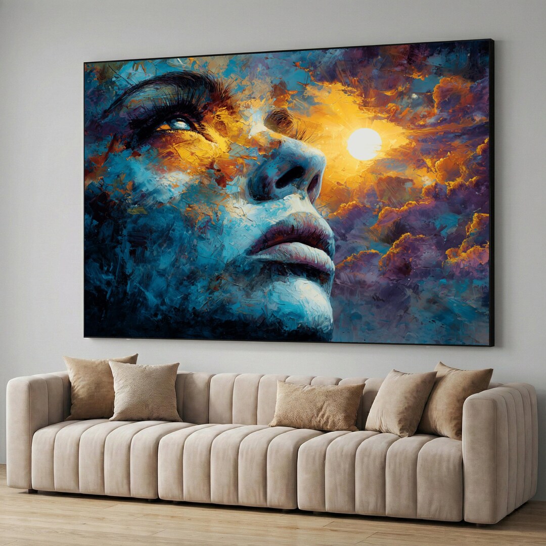 Abstract Woman Face Canvas Painting, Surreal Sunset Wall Art - Etsy