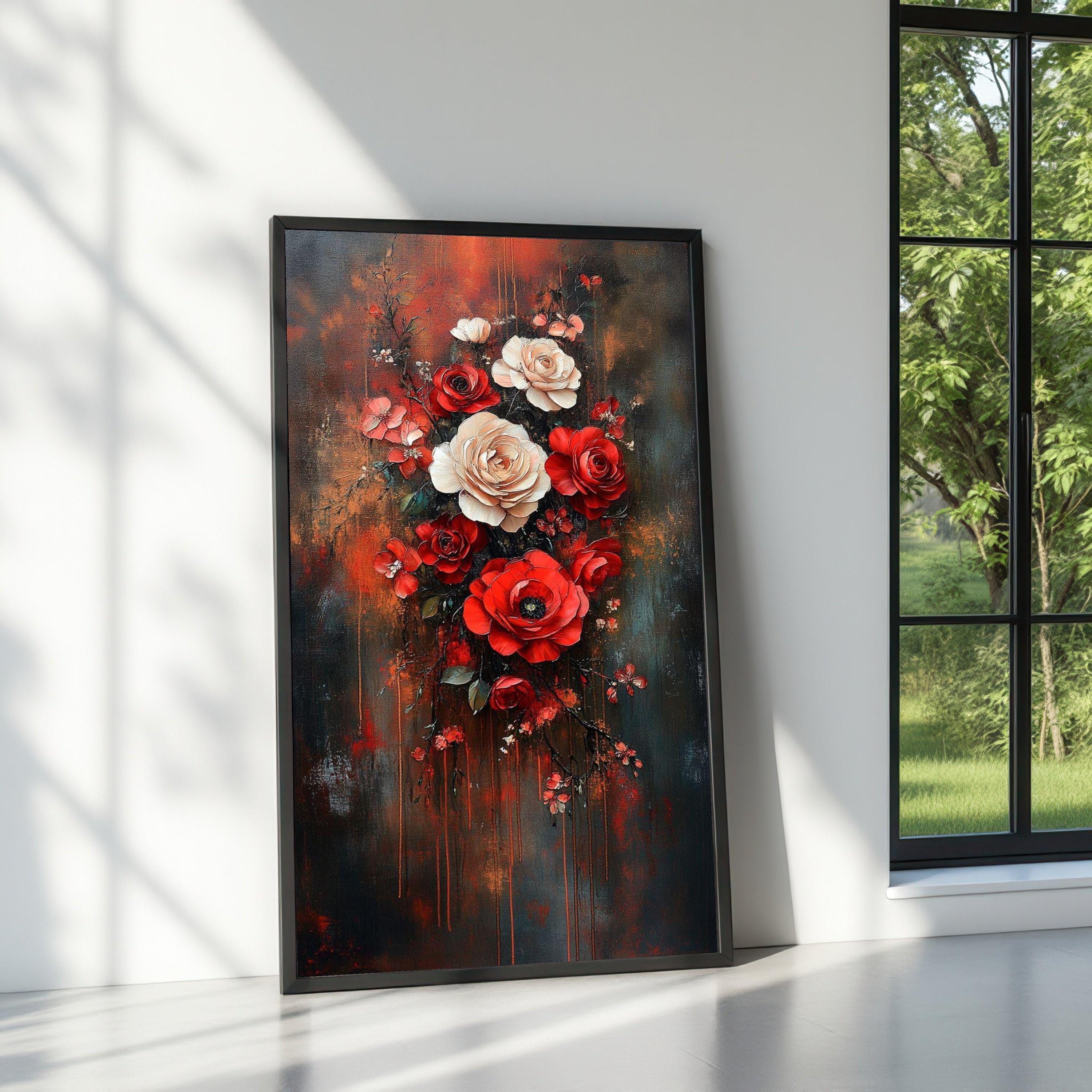 赤と白のバラの花柄キャンバスウォールアート、すぐに掛けられます