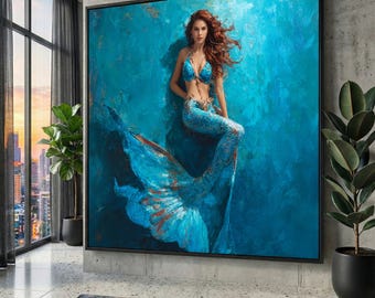 ブルーマーメイドキャンバス、オーシャンファンタジーアート、すぐに掛けられます
