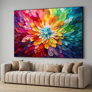 Puede incluir: Una gran obra de arte enmarcada que representa una vibrante flor abstracta. La obra presenta un espectro de colores, incluyendo rojo, naranja, amarillo, verde y azul, dispuestos en un patrón de pétalos. La obra se exhibe sobre un sofá beige con varios cojines.