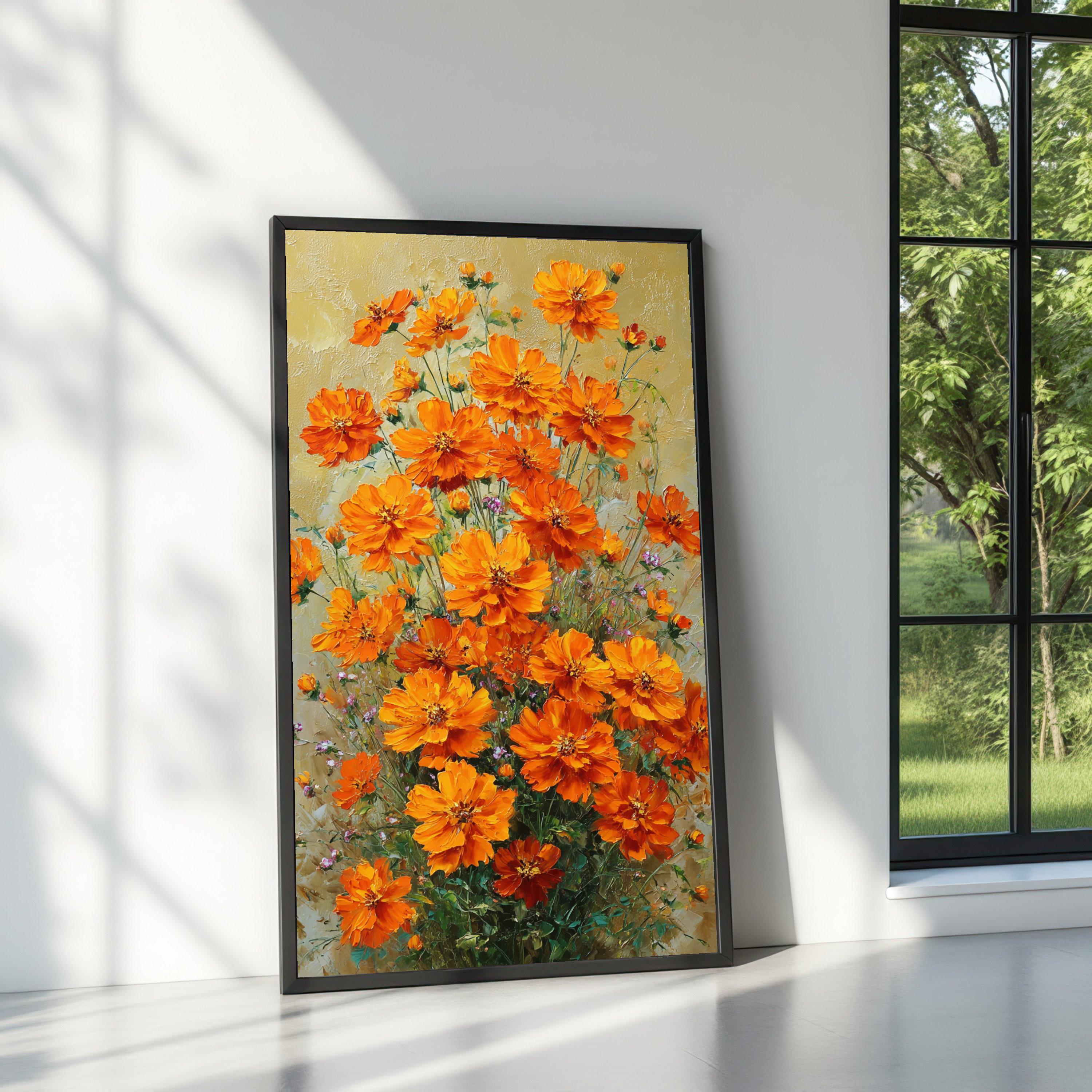 Orange Cosmos Floral Canvas Wall Art, Garden Blooms, Ready to Hang