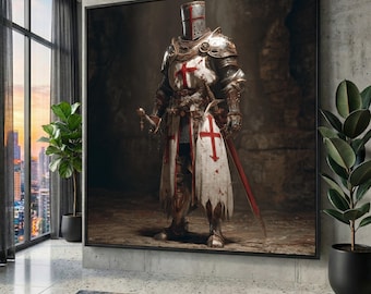 Knight Templar Armor Canvas, Crusader Warrior Wall Art, Ready to Hang