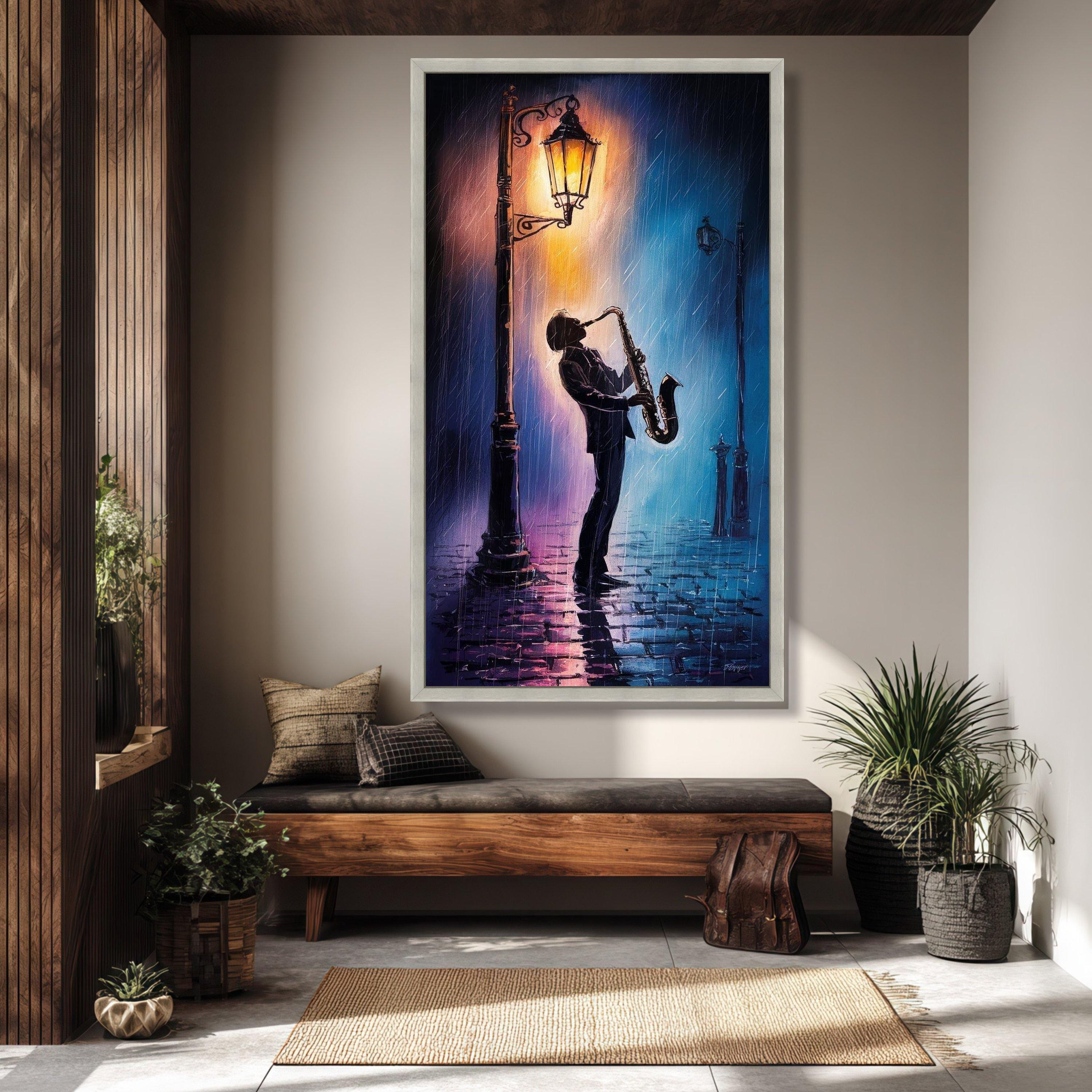 Jazz Saxophone Player Canvas, Moody Urban Night Scene Wall Art