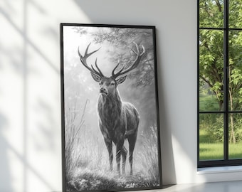Majestic Deer Canvas Print, Black and White Wildlife, Rustic Decor