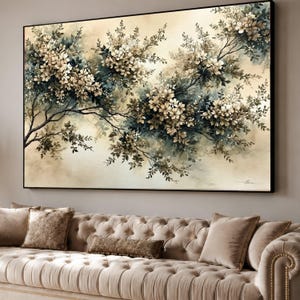 Elegant canvas met bloesemtakken, vintage bloemenkunst voor aan de muur, neutrale botanische print, verfijnde woondecoratie, klaar om op te hangen