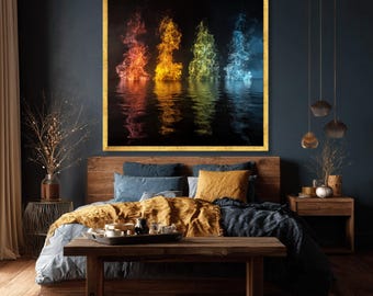 Arte abstracto en lienzo con reflejo de fuego, decoración de pared energética moderna