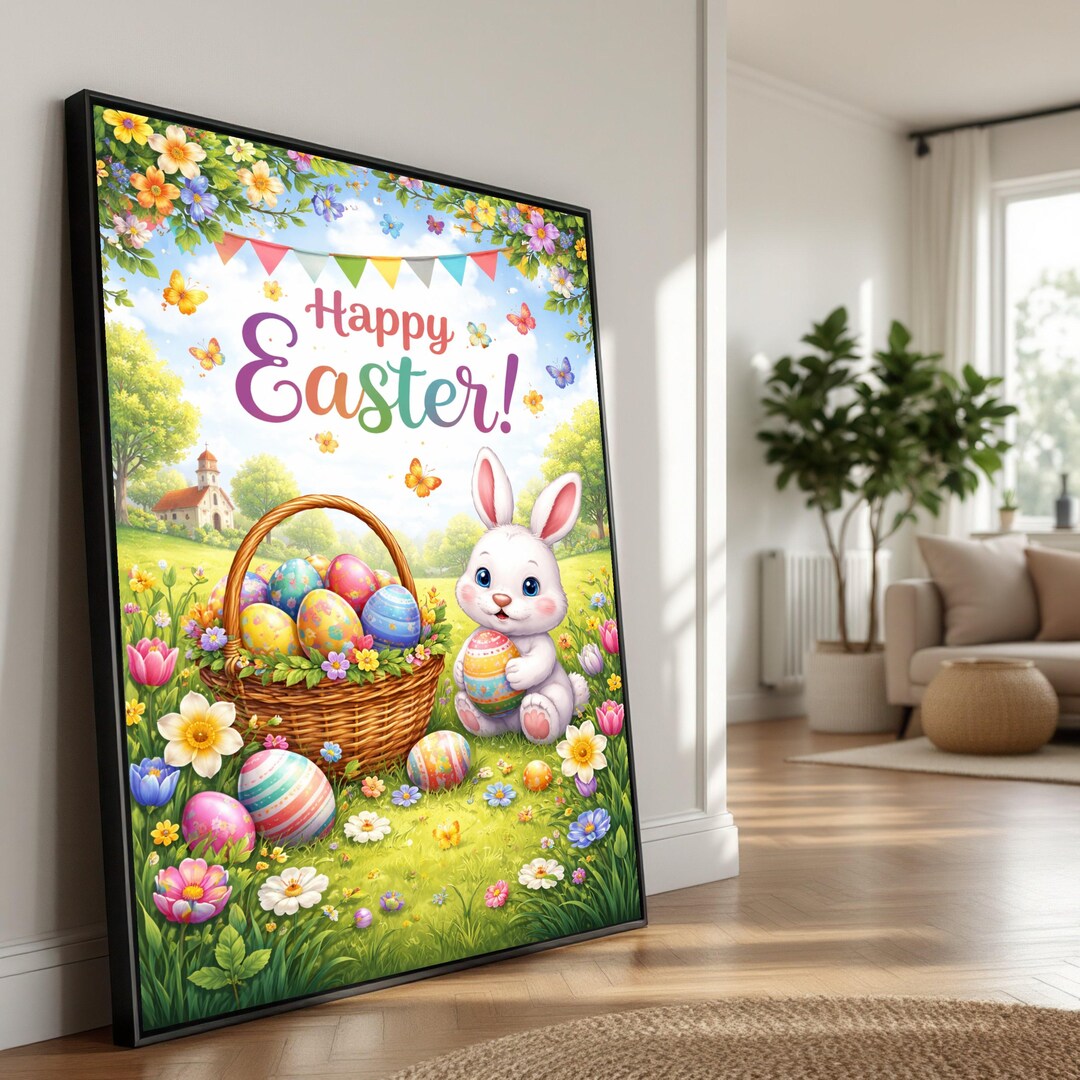 Happy Easter Bunny Canvas Wall Art, Colorful Easter Eggs Basket, Spring ...