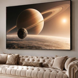 May include: A rectangular wall art print featuring a large ringed planet in a golden-brown space scene. A smaller, textured moon floats in the foreground above a planetary surface. The composition is dominated by warm, amber, and dark brown tones.