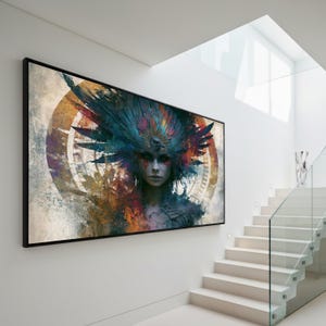 May include: A rectangular wall art print featuring a central figure adorned with a large, vibrant, multi-colored feathered headdress. The artwork uses a mix of teal, orange, and dark tones with a circular geometric background pattern.