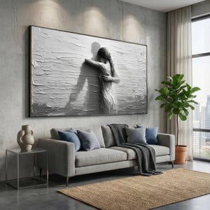 Embrace Canvas Wall Art, Relief Woman Hugging Shadow, Monochrome Abstract Sculpture Art, Emotional Home Decoration