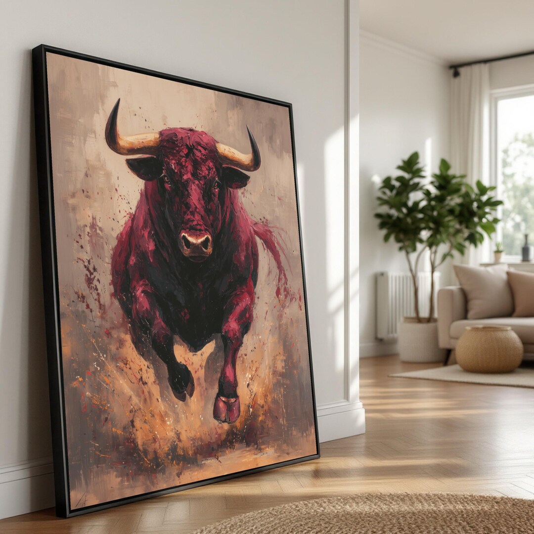 Charging Red Bull Canvas Art, Abstract Animal Painting, Modern Home ...