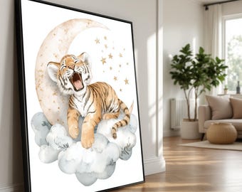 Babytijger op de maan, canvas, muurdecoratie voor de babykamer of kinderkamer.