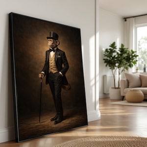 Elegante retrato de mono en lienzo, arte vintage de mono caballero, decoración de pared con sombrero de copa y bastón, lienzo de animales humorístico, hogar sofisticado