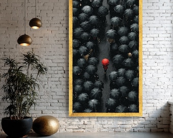 Red Umbrella Canvas Print, Monochrome Urban Wall Art
