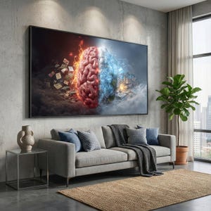 Op de afbeelding: Een groot ingelijst kunstwerk dat een gesplitst brein afbeeldt, de ene kant in vlammen met zwevende objecten, de andere in ijs met een stadsgezicht. Het kunstwerk hangt boven een grijze bank met blauwe kussens en een bruin tapijt.