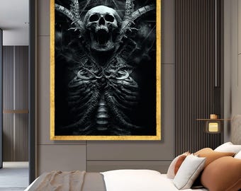 Donkergotisch skelet canvaskunst, macabere schedeldecor
