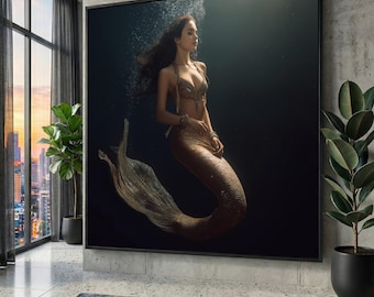 Bronze Mermaid Canvas Print, Mystical Underwater Wall Art
