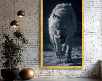 Fierce White Wolf Canvas Print, Snowy Forest Animal Art