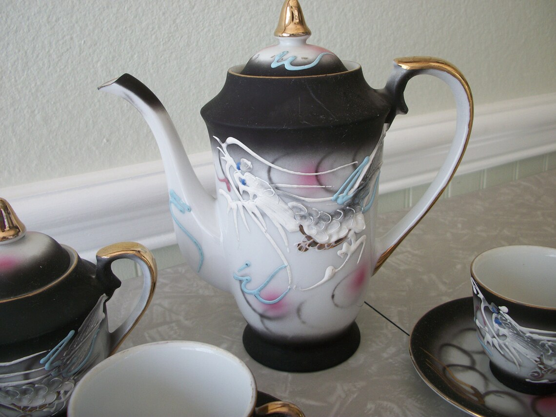 Vintage Dragonware Tea Set Moriage Demitasse Lithophane Geisha Etsy
