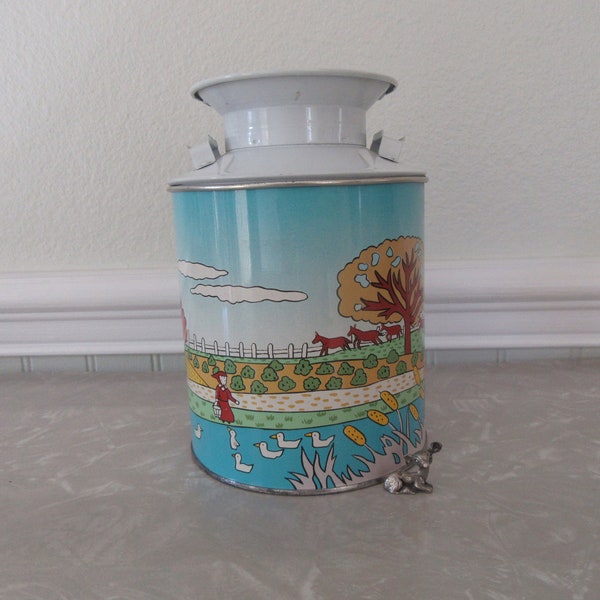 Vintage Collectible Milk Can Tin Farmhouse Bright Lithographic Pastoral Farmining Scene Made in Hong Kong