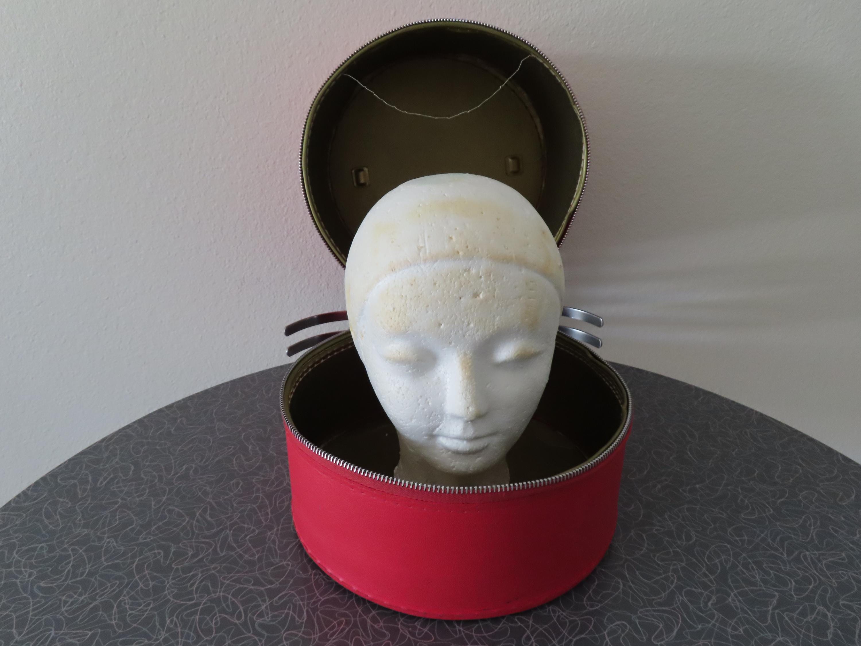 Vtg MCM Geometric Wig Hat Box Hard Case Luggage Round Zippered Styrofoam Head Wig Travel Case In Vintage Hat Boxes for sale | eBay main image 2