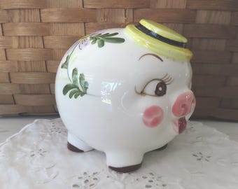 Vintage Ceramic Round Piggy Bank with Flowers