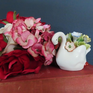Vintage Small White Porcelain Swan Figurine with an Array of Capodimote Flowers and Green Leaves Collectible Great Gift