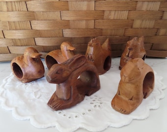 6 Vintage Hand Carved Wood Farm Animal Napkin Ring Holders
