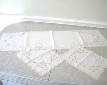 Vintage Madeira Table Runner & Napkins: Hand Embroidered Linen Set