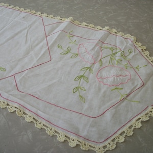 Vintage Hand Embroidered Table Runner White Cotton Pink and White Flowers