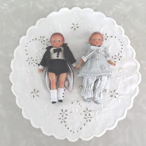 2 Vintage Boy and Girl Effanbee Wee Patsy Dolls: Tuxedo & Silver Pant Suit, 5"