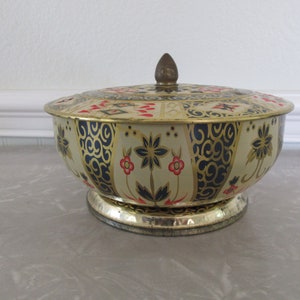 VintageTin Metal Box Collectible Container Round Elevated Base Knob Lid Flowers Gold Black made in England