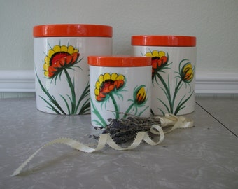 Vintage Ceramic Canister Set Orange and Yellow Flowers Retro Kitchen Storage Made in Italy