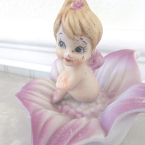 Vintage Porcelain Norcrest Little Girl Child Fairy Pixie Sitting in a Purple Flower