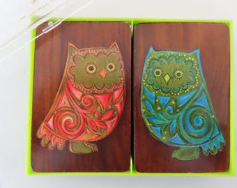 Set of Vintage Full Decks of Playing Cards with Owls in Plastic Box Hallmark