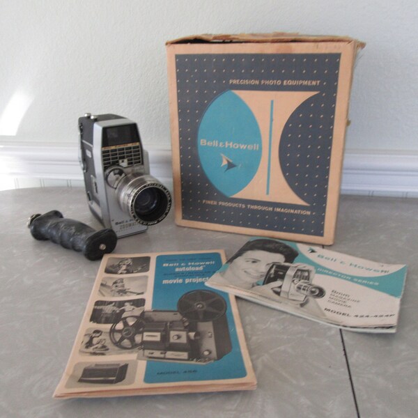 Vintage 1950's-1960's Bell and Howell 8mm Zoomatic Movie Camera Model 424PD Director Series in Original Box Mid Century TV Room Decor